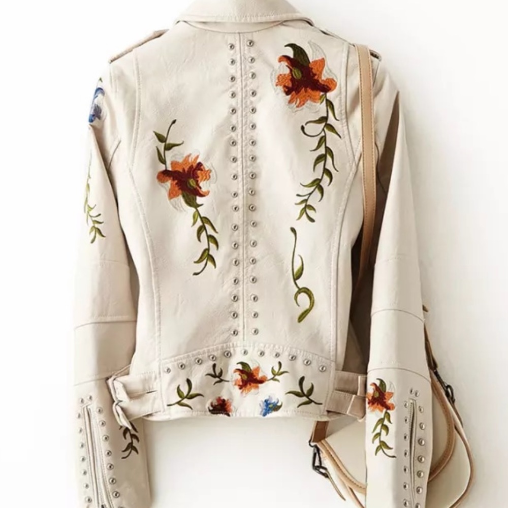 🎉New Chic Ivory Floral Print Embroidery FauxLeather Moto Jacket - Picture 3 of 16